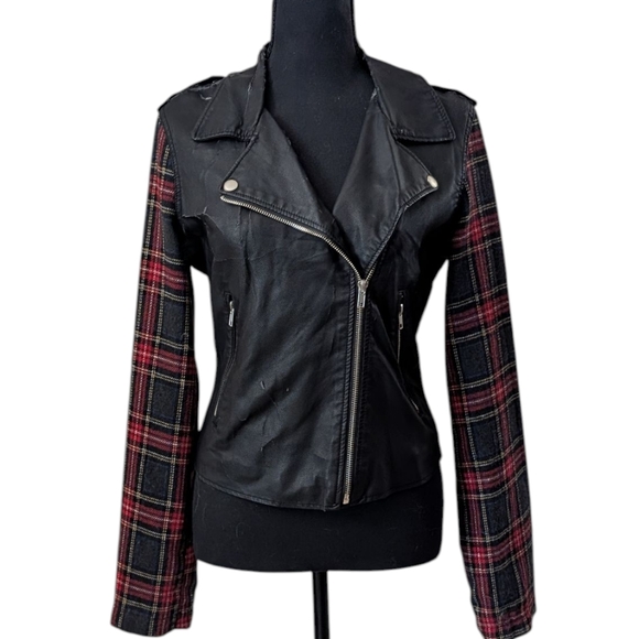FREE! Faux Leather Jacket With Plaid Sleeves - Picture 1 of 10